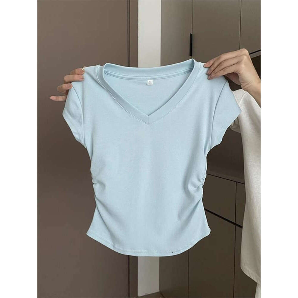 92 Cotton Blue Regular Shoulder Sleeve T-Shirt Women's Summer Slim Fit Stylish Pleated Waist Short Top