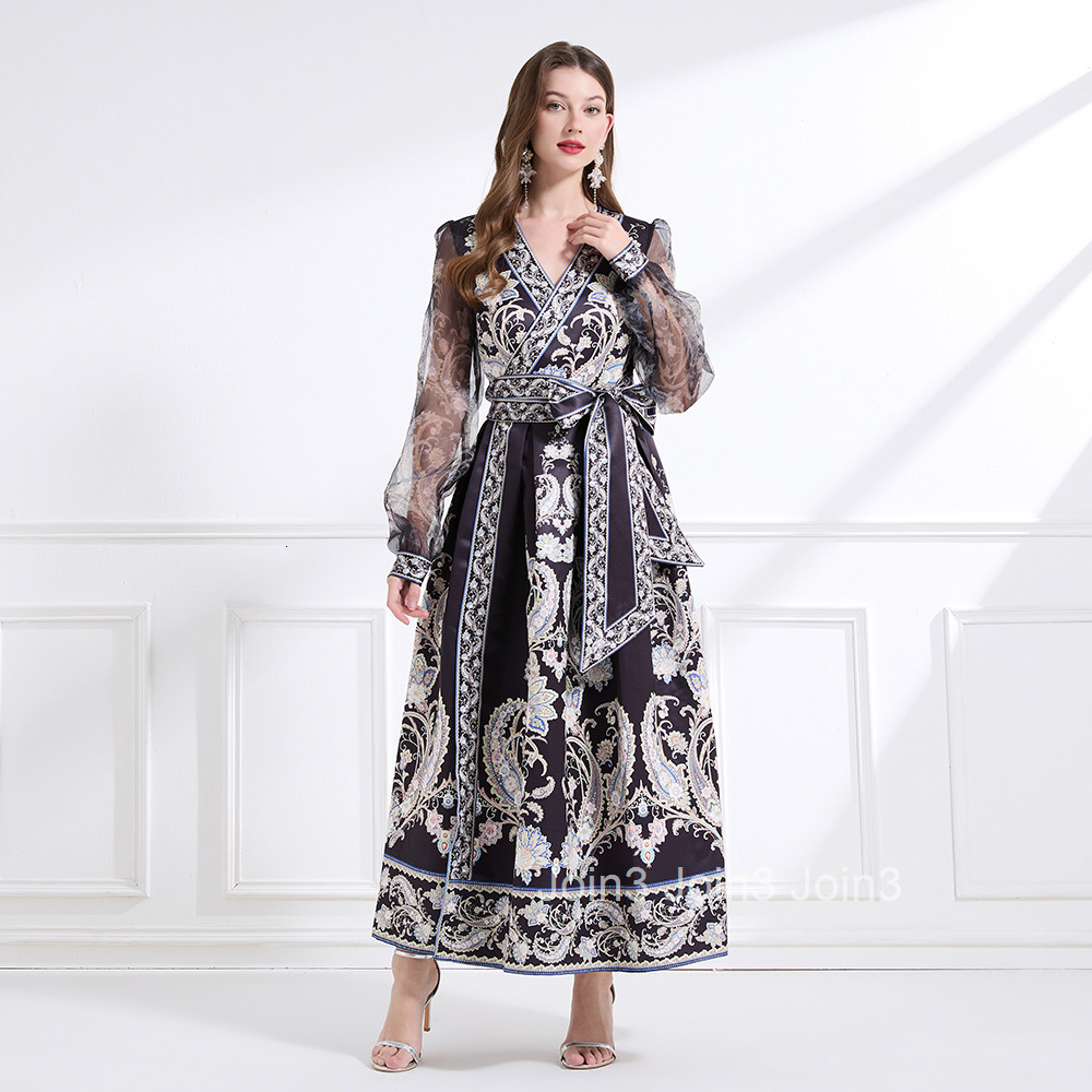 2179 Spring Holiday Style Tie Wrap Dress Lantern Sleeve Cross Neck Printed Flared Long Dress