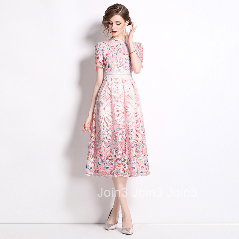 541 Summer New Womens Dress with Fashionable and Skinny Look Hollow out Water soluble Lace Printed Medium to Long Length Dress