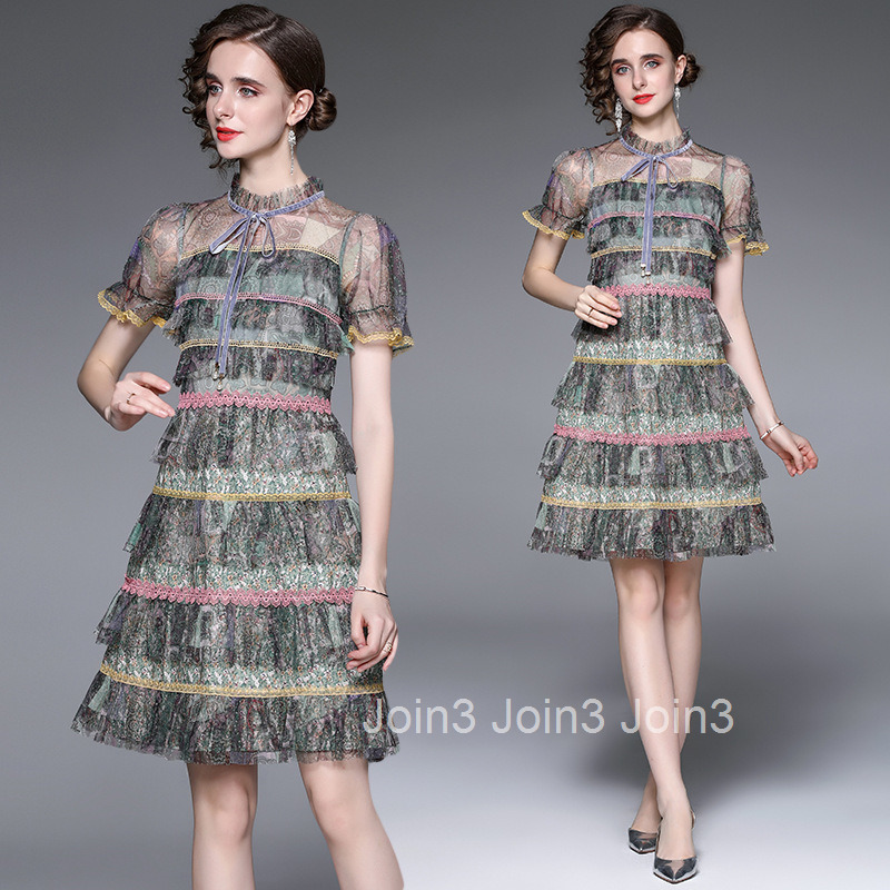 6928 Summer New Printed Mesh Ruffle Lace Edge Tie High Waist Cake Dress