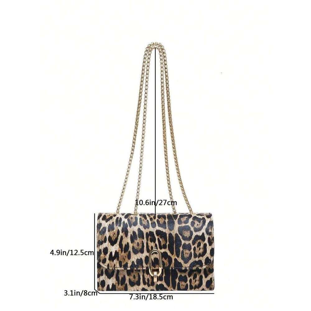 A Retro Fashion Mini Square With Flap Opening, Metal Double Chain Shoulder Adjustable To Crossbody Bag, Leopard Print Bag