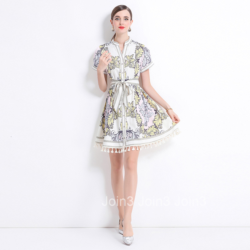6110 Elegance Style Positioning Printed Collar Waist Slimming Tassel Dress