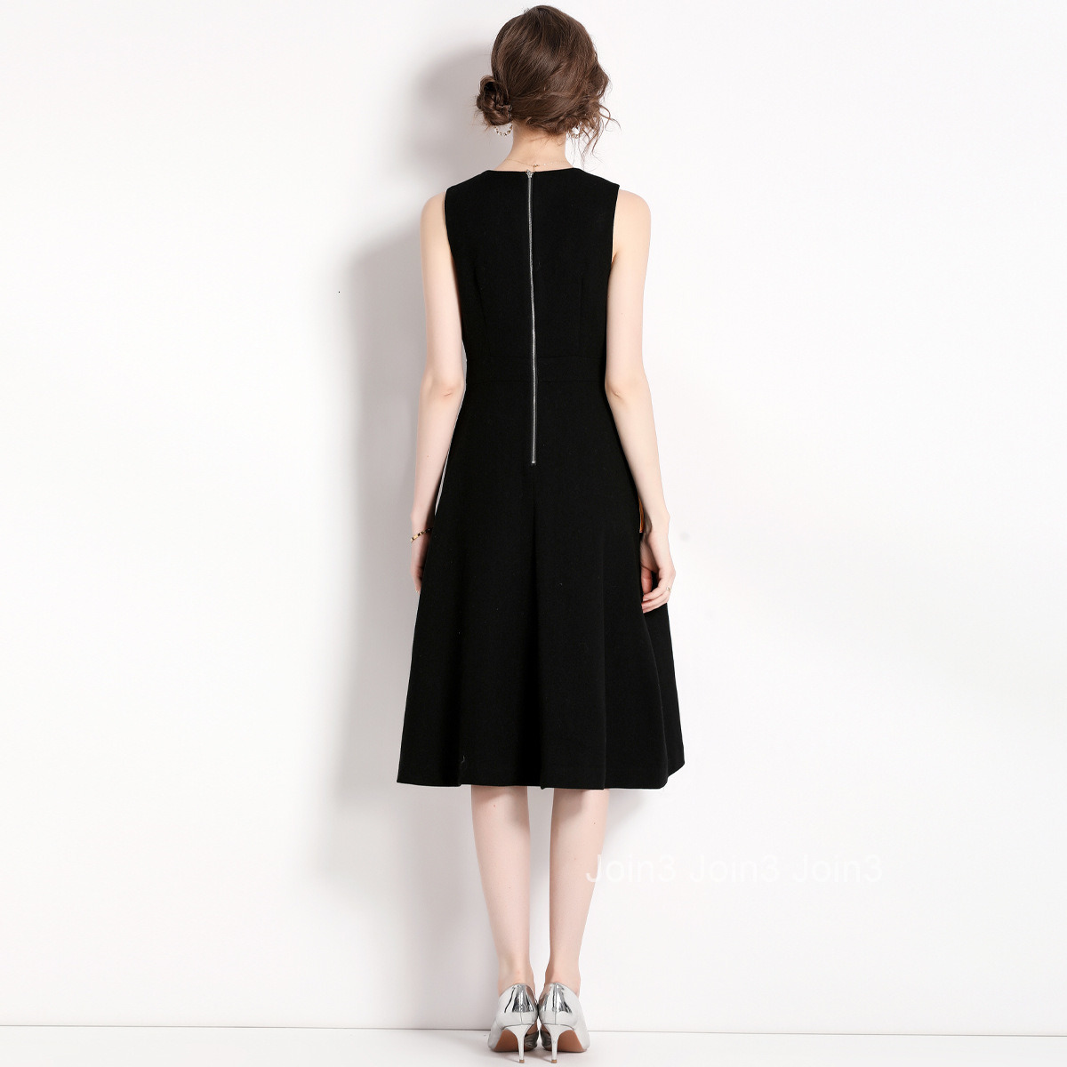 1949 Summer New Womens Printed Patchwork High Waist Slim Sleeveless Dress A-line Midi Dress