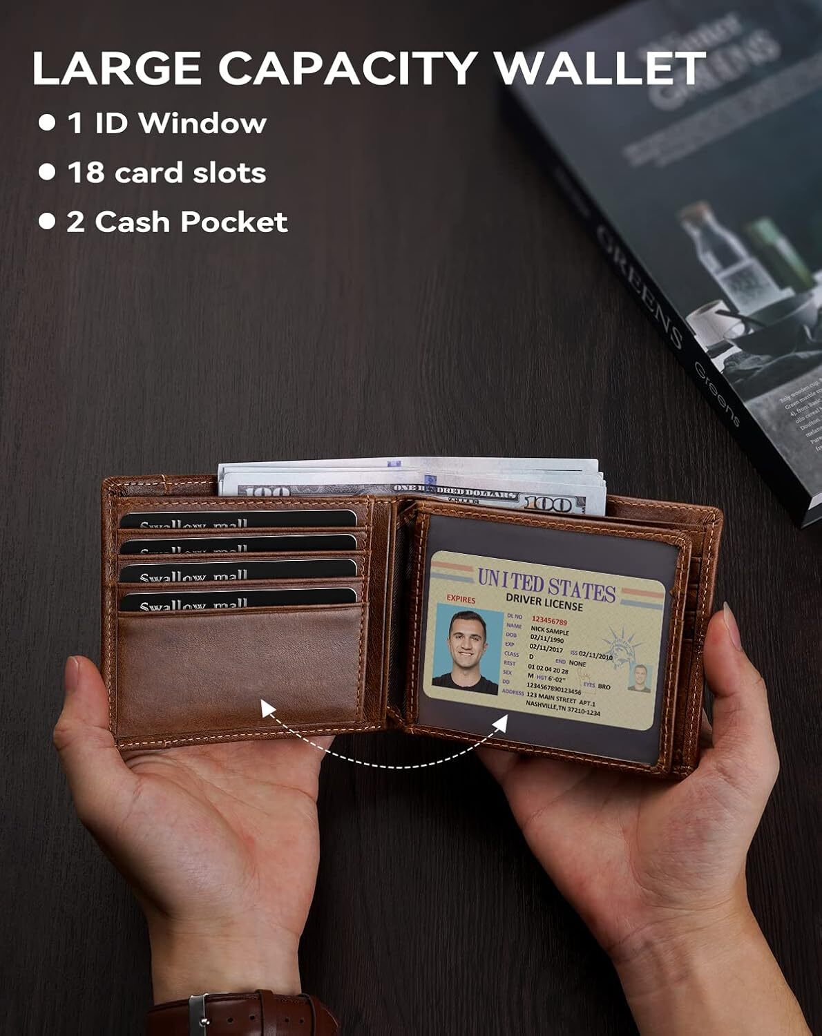 YMX 266 148 Swallowmall Mens Rfid Blocking for Men Bifold Wallet Leather with 1 ID Window 16 Card Slot