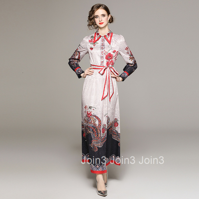 8686 Spring and Autumn Fashion Color-Block Paisley Print Long Dress with Bow Tie and Tie