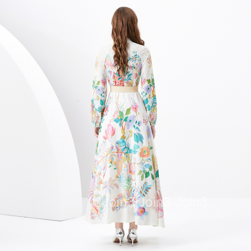 6236 Spring Summer New Womens Clothing Elegance Style Stand Collar Lantern Sleeve Flared Long Dress Printed Dress
