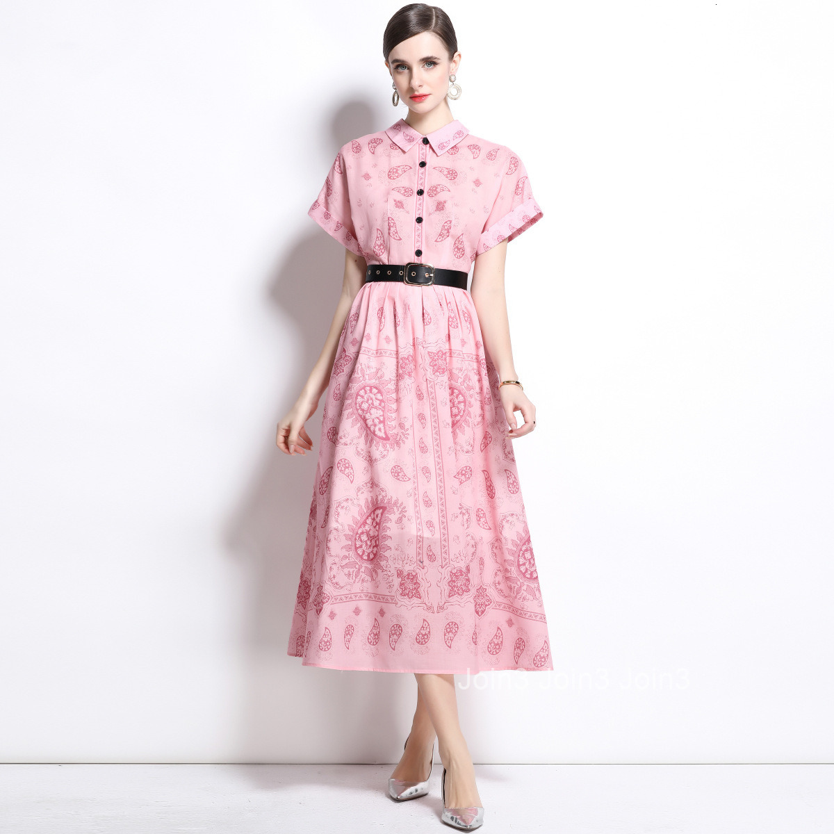 1685 Spring/Summer New Womens Style Printed Collar Short sleeved Long Skirt Dress (with Belt)