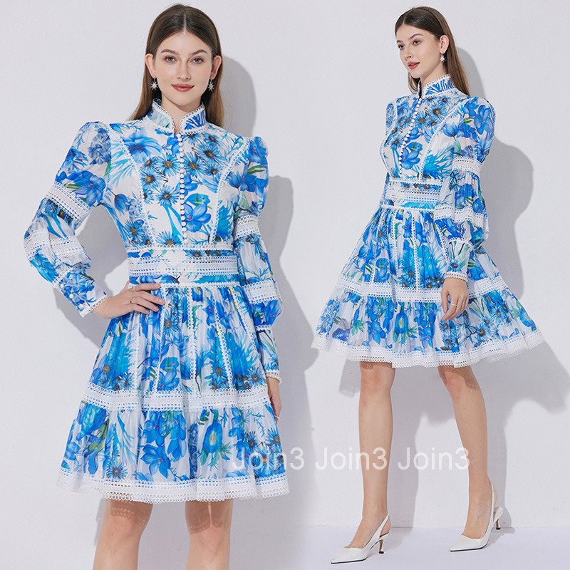 5155 French Elegant Lace Patchwork Printed Waist-Cinching Lantern Sleeve Dress