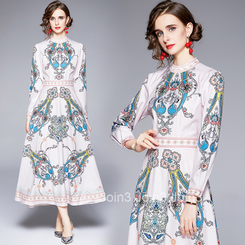 1007 New Womens Blended Positioning Printed Round Neck Long Sleeve Waist Tight Dress