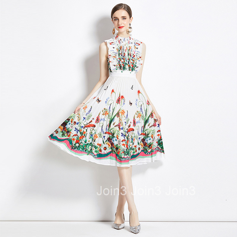 6539 New French Style Elegant Socialite High Waist Slimming Positioning Printed Pleated Dress