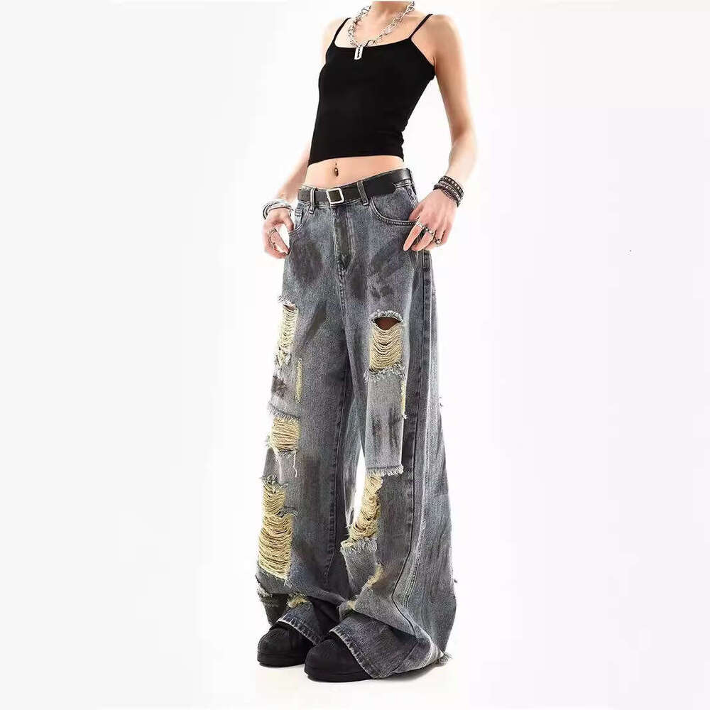 Vintage Style Distressed Jeans for Women 2024 Summer New American Loose Fit Draped Wide Leg Pants Trend