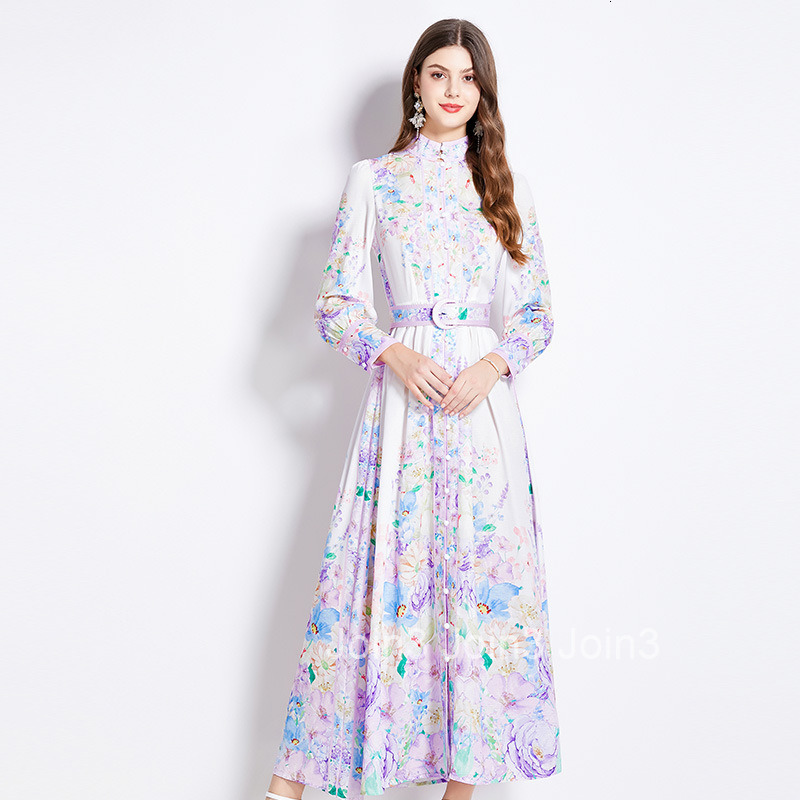 2563 Spring Summer Vacation New Womens Floral Oil Painting Style Stand Collar Long Sleeve Flared Long Dress