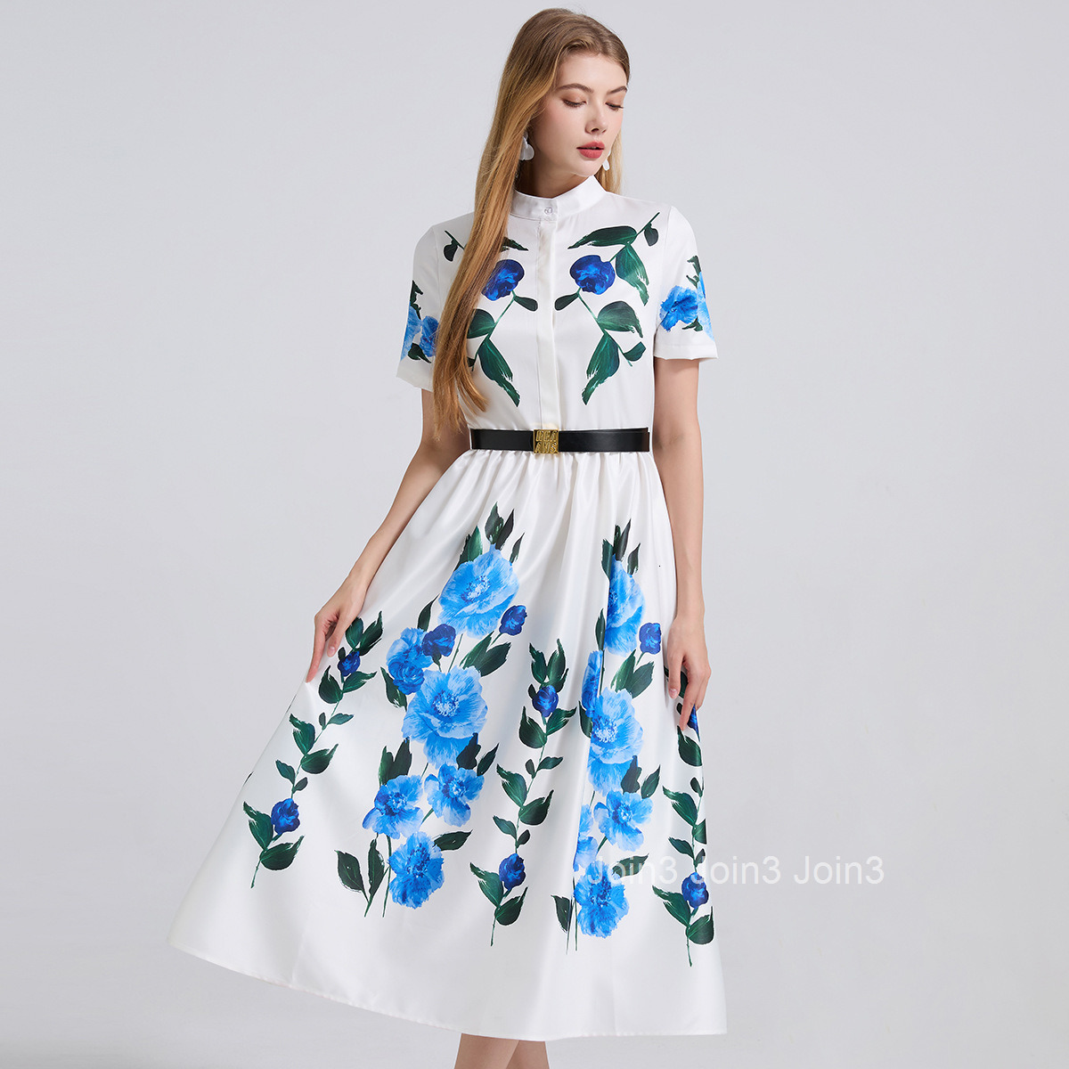 798 Summer New Printed Shirt Slim Dress High Waist Short Sleeve Dress with Belt