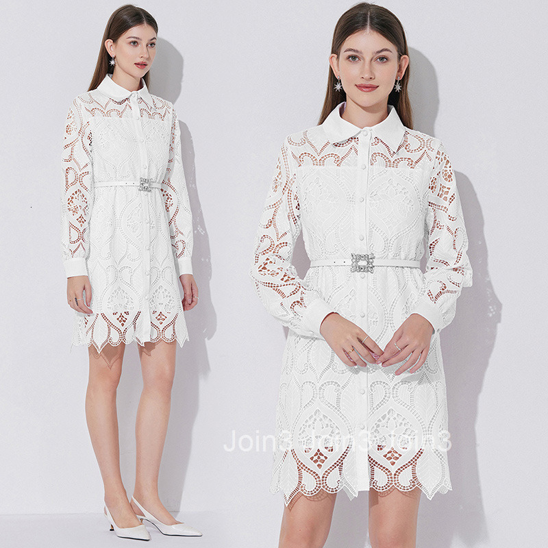 6605 Embroidered Hollow Out Collar Waist Belt Dress with Mesh Lace Skirt