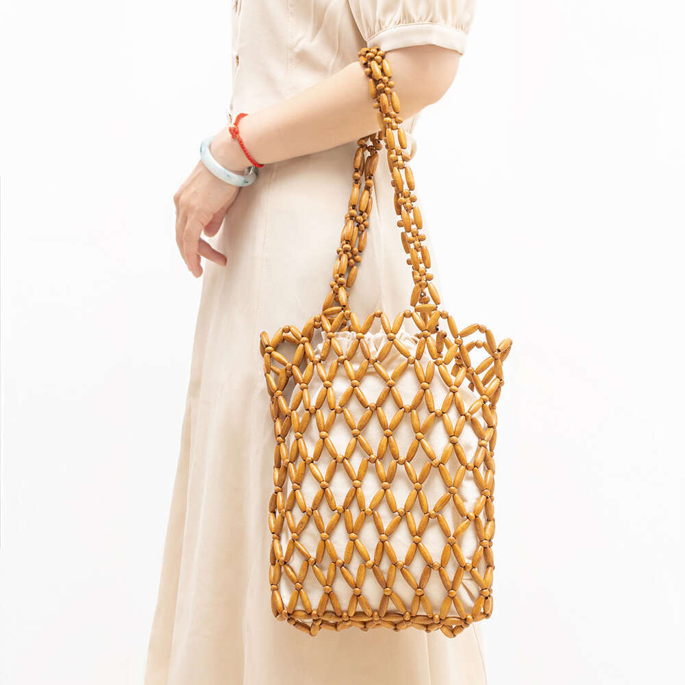 ENSPT Handheld Wooden Bead Handwoven for Women Summer Niche Design Commuter Shoulder Bag