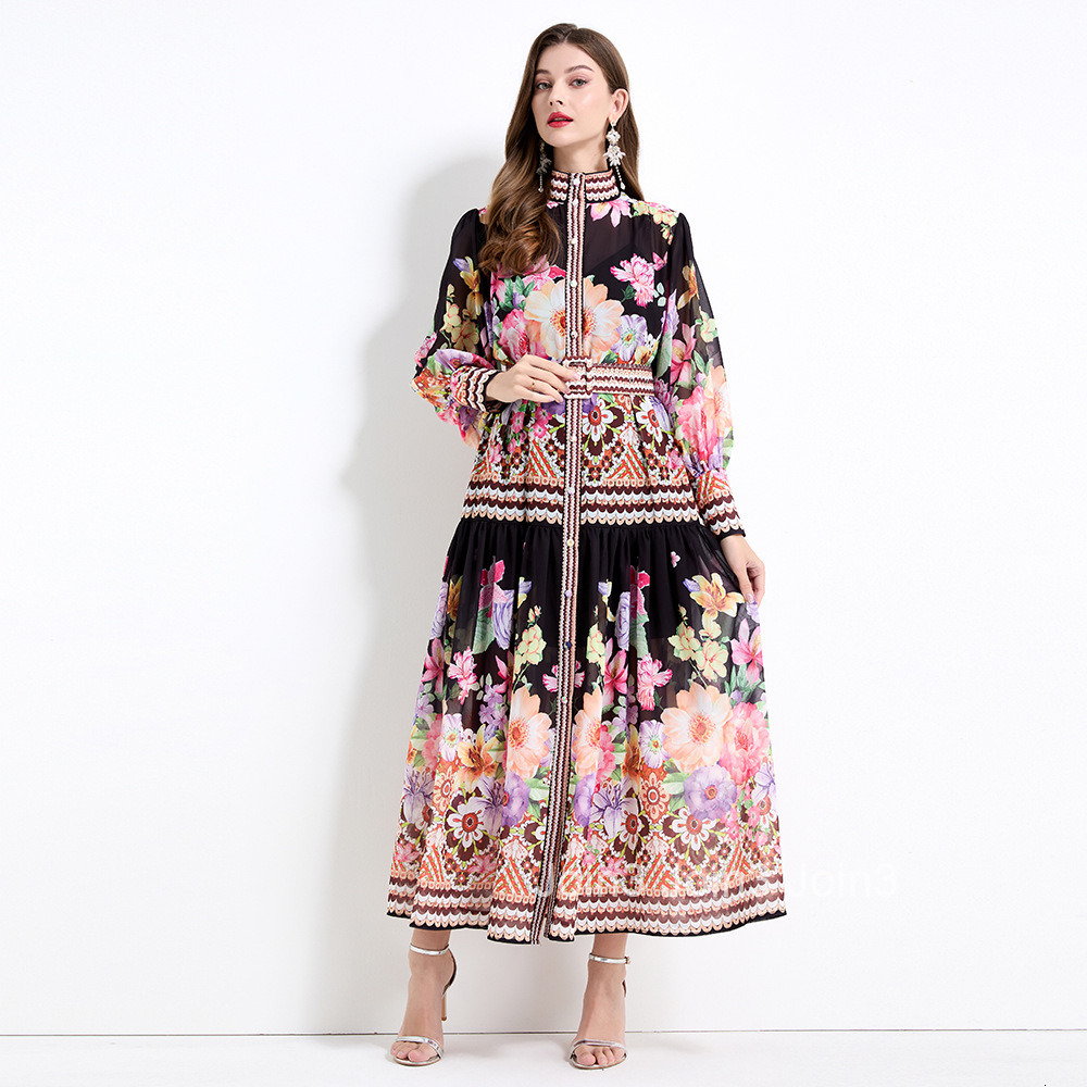 2165 Elegance style floral print long sleeved lotus leaf edge skirt chiffon two-piece set