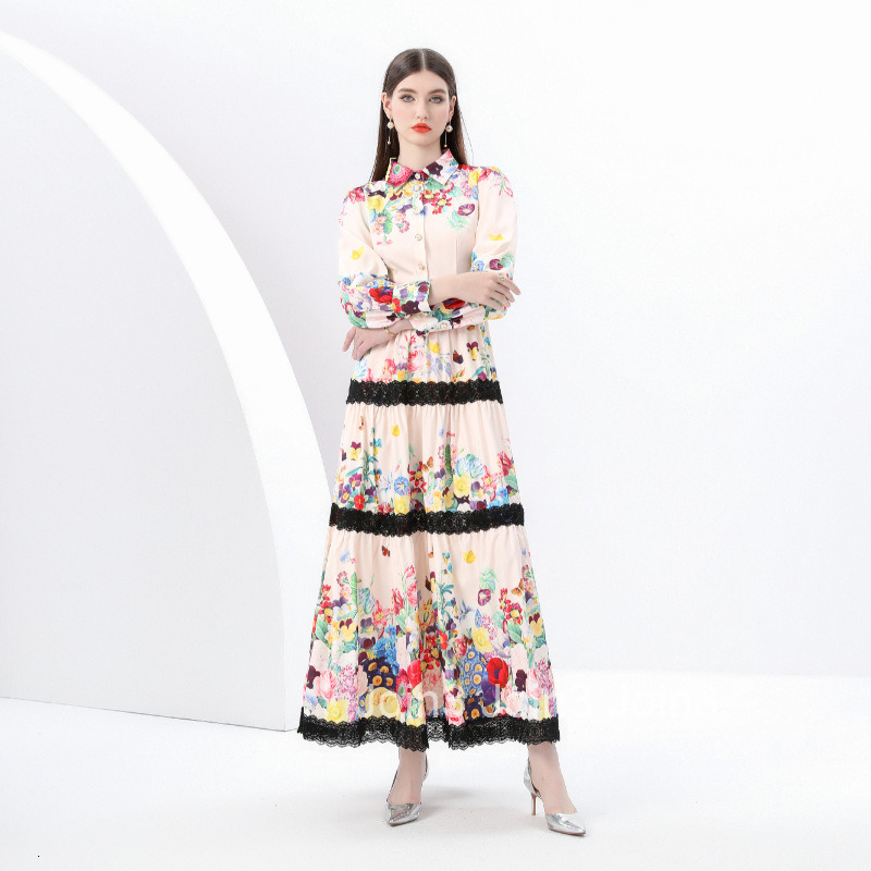 6008 early spring new womens clothing Elegance style lapel lantern sleeve printed lace edge skirt dress