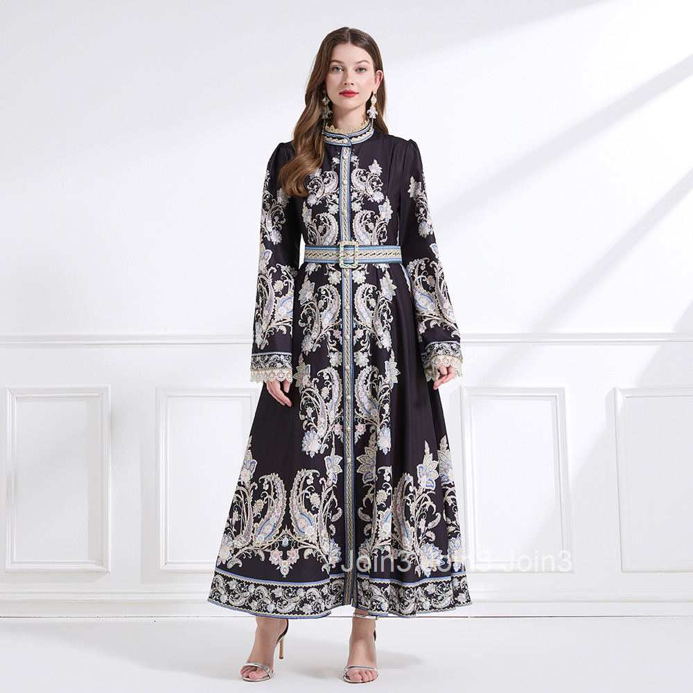 2186 Spring New Womens Clothing Elegance Style Stand Collar Lace Print Waist Cinching Flared Long Dress