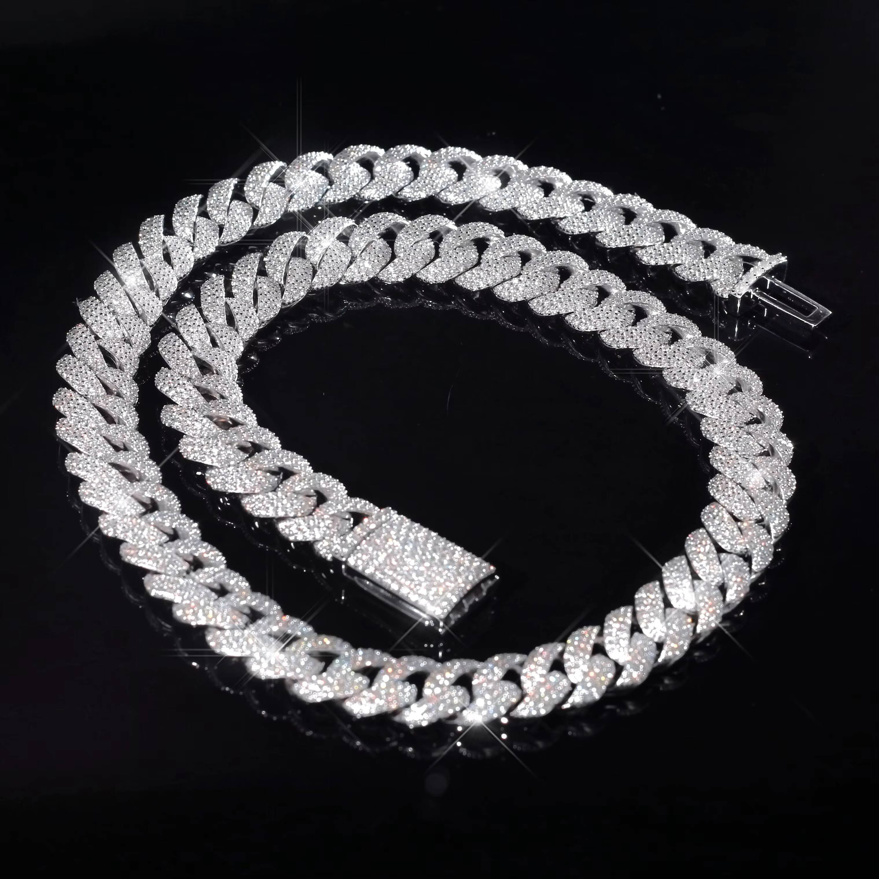 12MM Vvs Iced Out Chain Studded Miami Cuban Link Chain 925 Sterling Silver Moissanite Cuban Chain