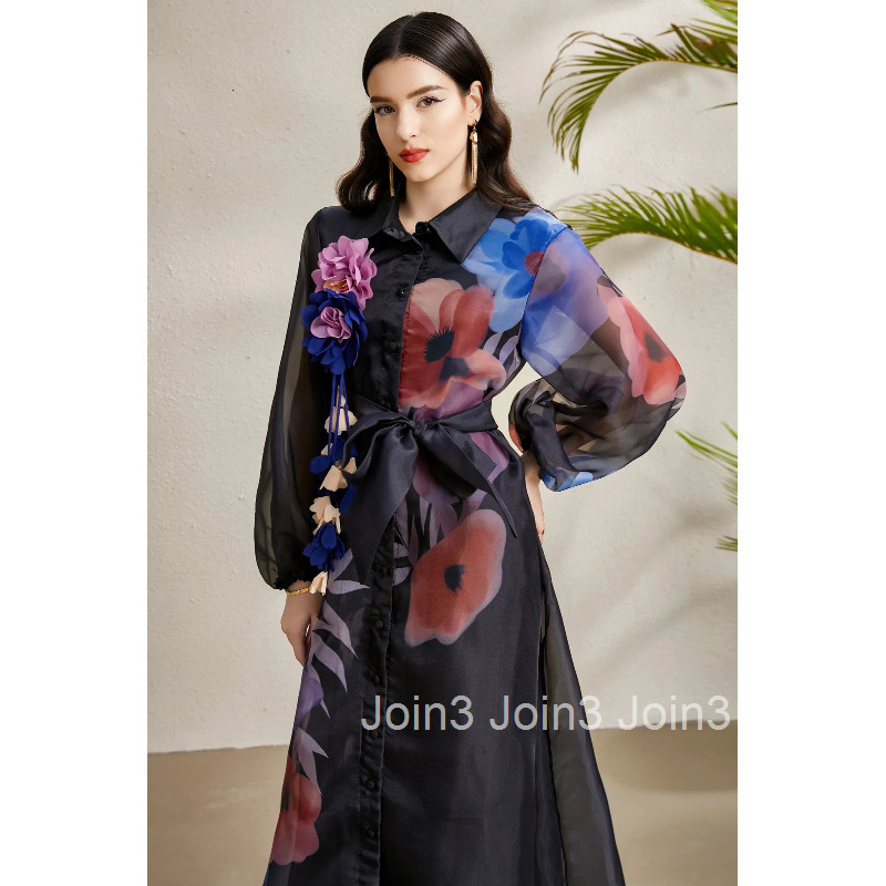 8885 Early Autumn Three-Dimensional Floral Vacation Lapel Lantern Sleeve Long Printed Dress