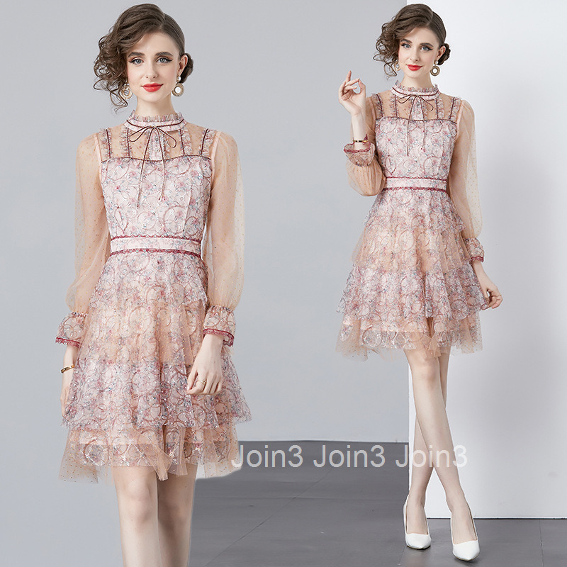 6891 Spring and Autumn New Womens Fashion A-line Cake Dress Elegant Long Sleeve Mesh Slim Fit Dress