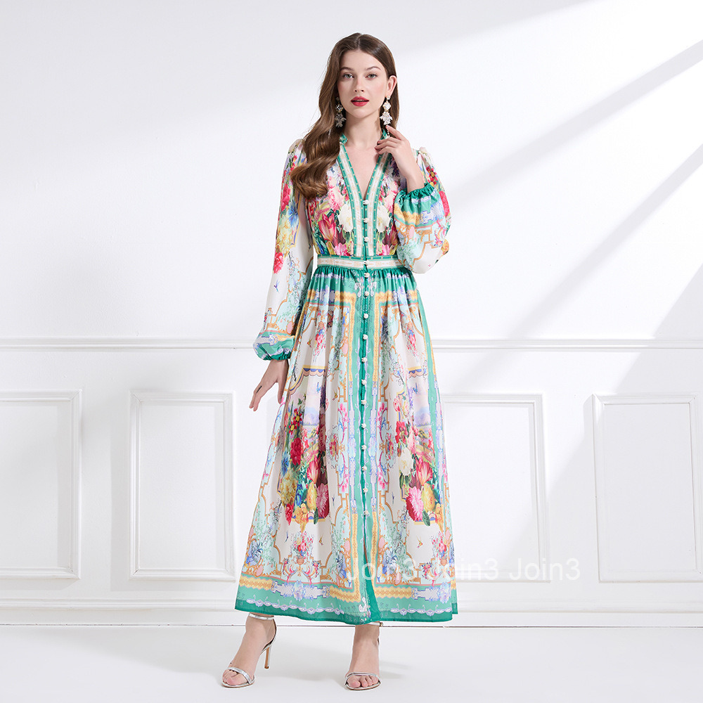 2190 Spring New Womens Fashion Elegant V-neck Single-breasted Printed Long Sleeve Waist-cinching Long Dress