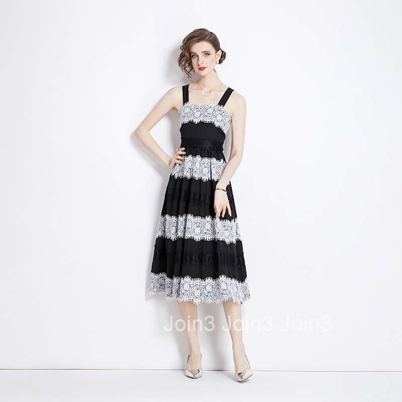 8003 Summer Fashion Show New Lace Splicing Black Long Dress French Elegant Strap Dress for Women