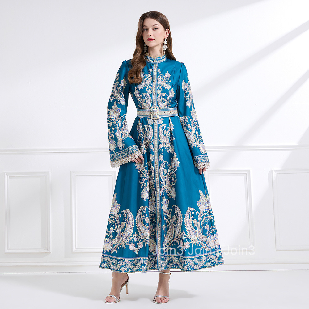 2186 Spring New Womens Clothing Elegance Style Stand Collar Lace Print Waist Cinching Flared Long Dress