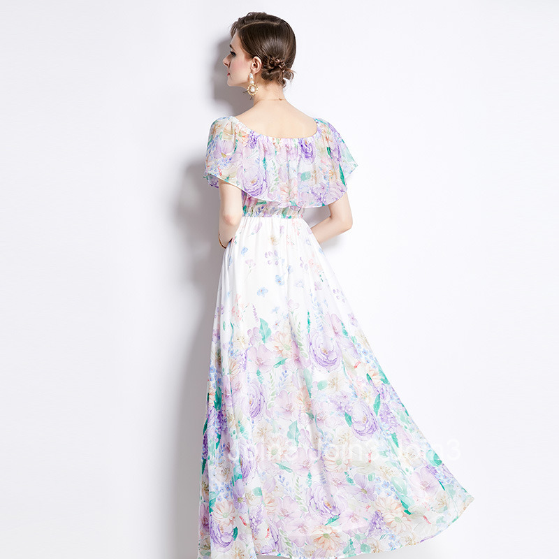 2499 Spring Summer Womens Ruffled Off-Shoulder Waist-Cinching Flared Long Dress Beach Dress Slit Chiffon Dress