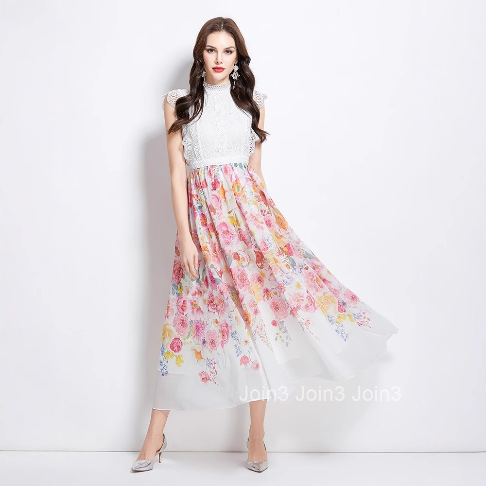 2725 Spring Summer Vacation New Style Painted Oil Painting Style Lace Stitching Long Dress