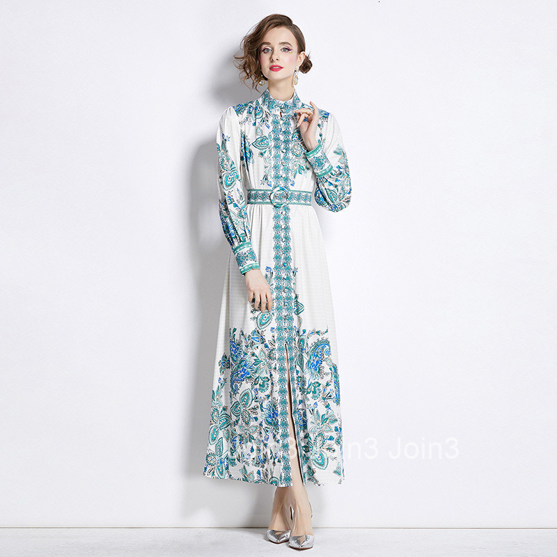 8747 Spring and Autumn new womens clothing style fashionable Elegance style standing collar long skirt printed dress