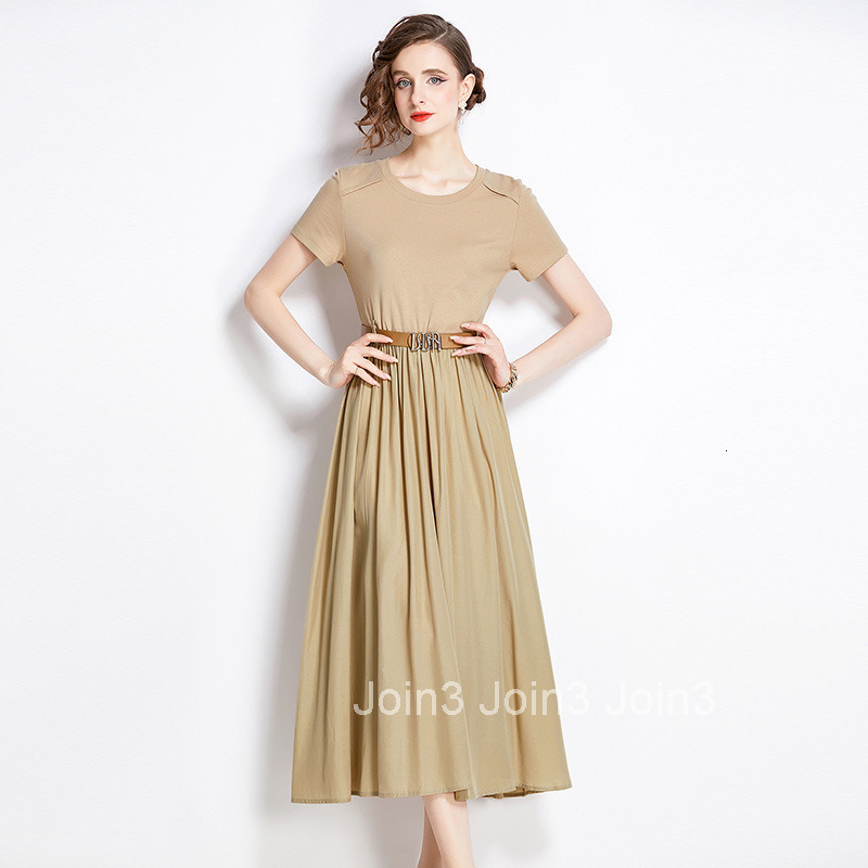 6012 Fashionable Mature Style Elegant Round Neck Short Sleeve Summer Waist Slimming Flared Long Dress
