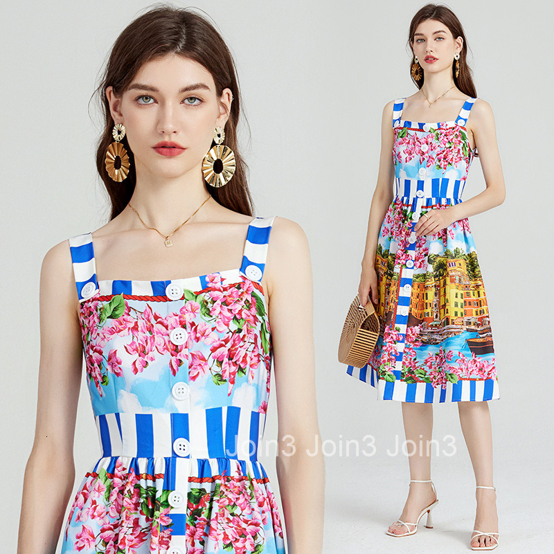 582 summer new womens temperament printed suspender dress slim fit high waist mid length A-line skirt
