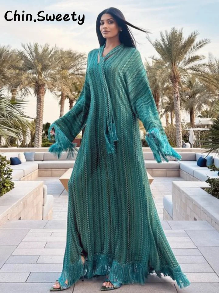 Elegant Tassel Printed Long Dress Women Loose V-neck Full Sleeve Scarf Dresses Female 2025 Summer Lady Beach Vacation Robes 250715