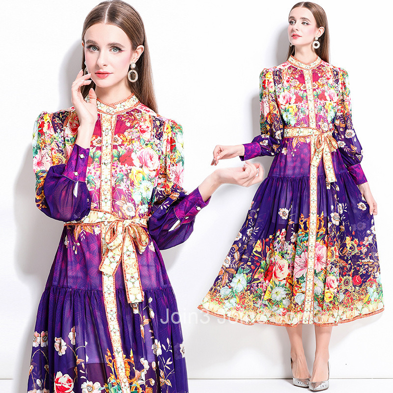 1249 Spring Summer New Chiffon Stand Collar Lantern Sleeve Printed Long Dress