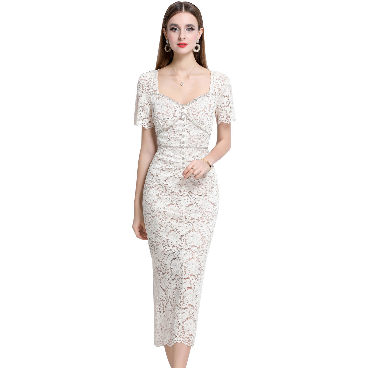 9633 French Court Style Square Neck Short Sleeve Lace Slimming Dress with Camisole