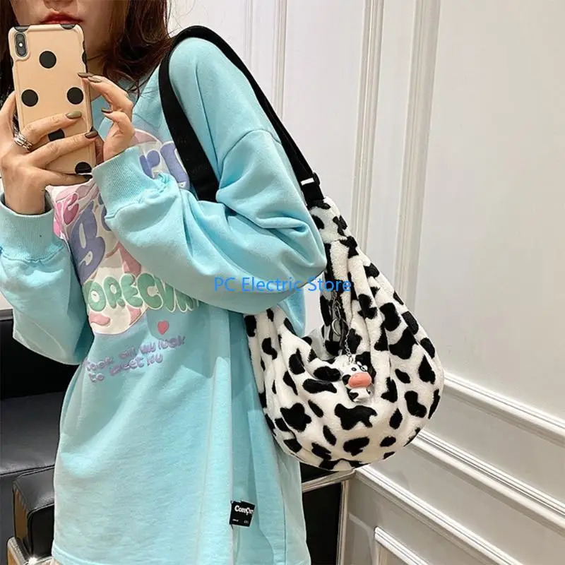 68C Stylish Single Shoulder Plush Bag with Lovely Cow s Lightweight Handbag 250717