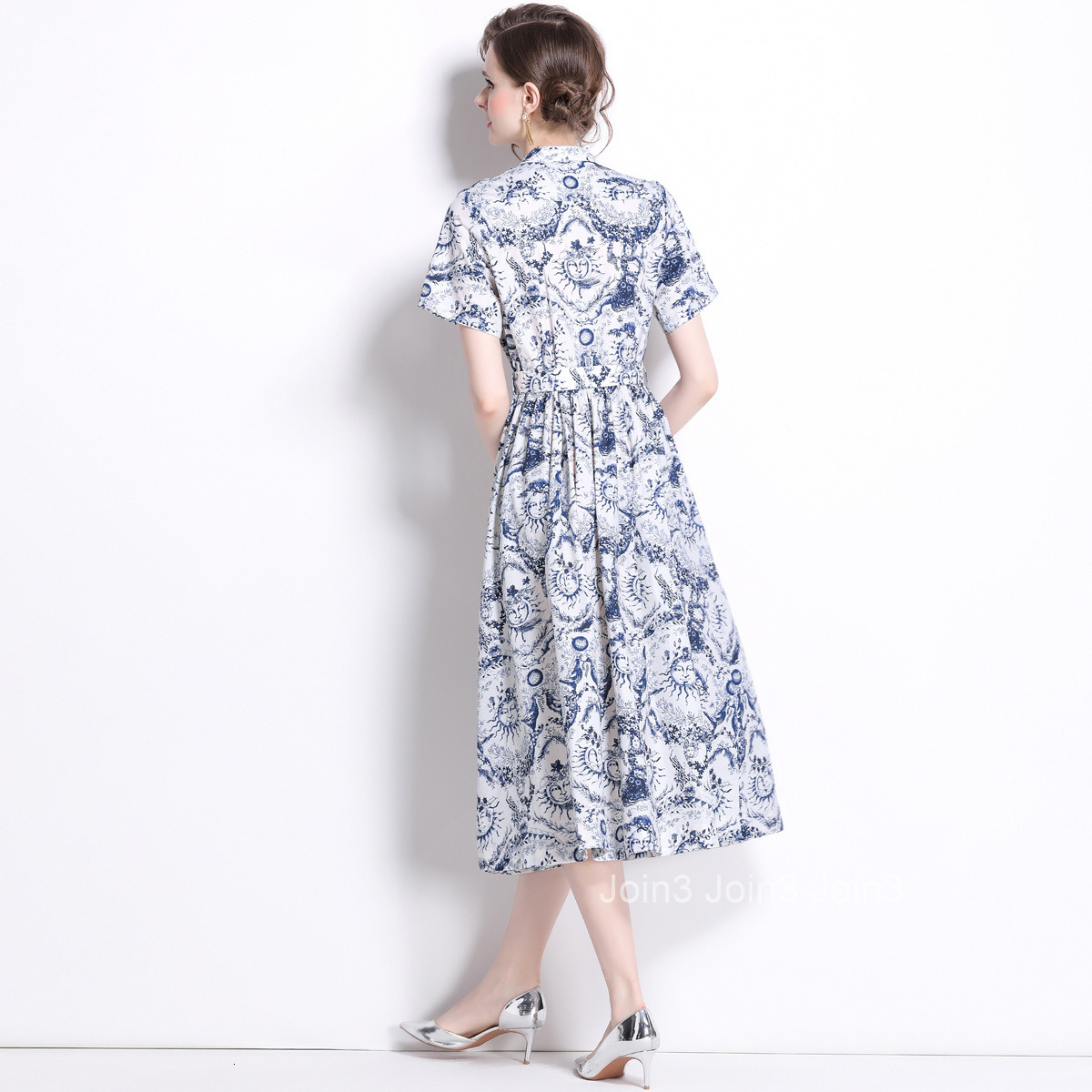 5822 Summer New Womens Fashion Elegant Printed Slim Fit Short Sleeve Flared Long Dress