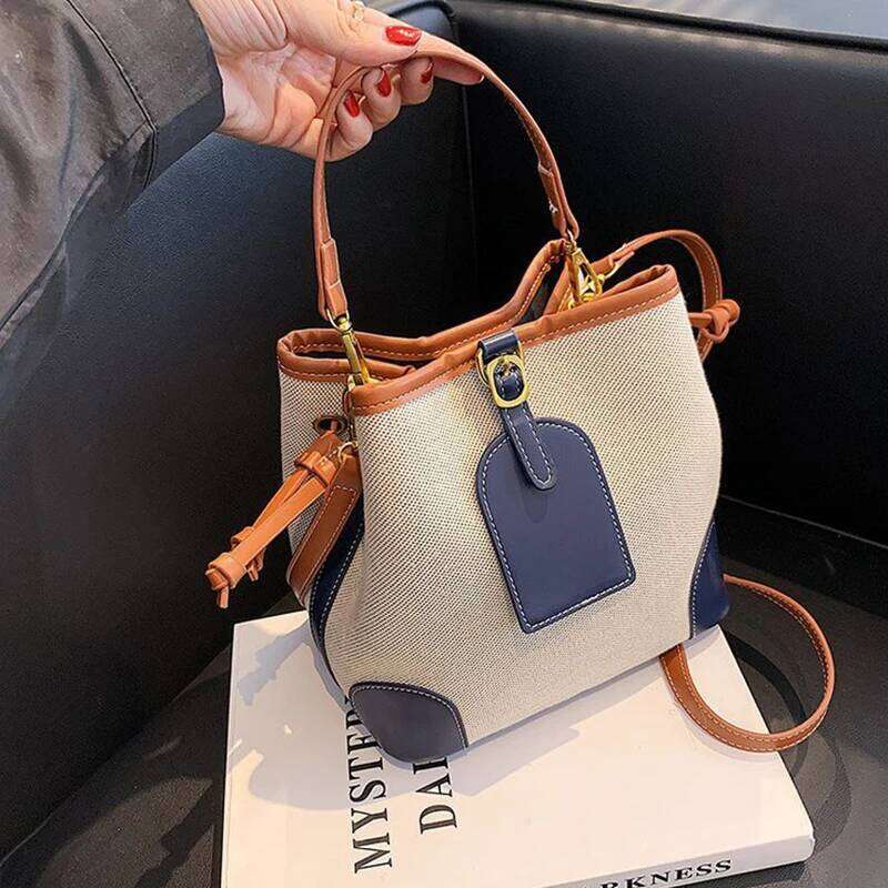 New Korean Style Fashionable Portable Bucket Trend Contrast Texture Messenger Canvas Bag