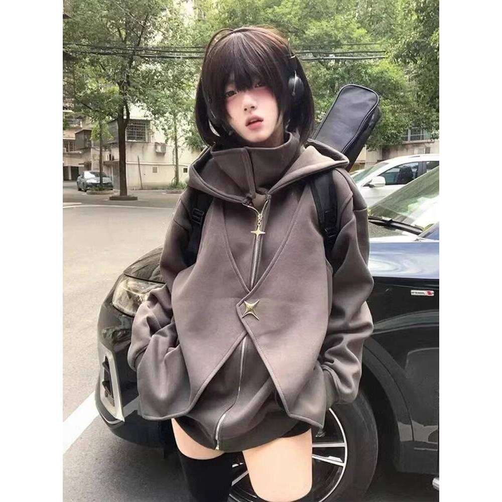 Fake Two Pieces Vintage Loose Zipper Sweatshirts Women Casual Streetwear Grunge Coats Y2k Aesthetic Oversized Stand Neck Hoodies