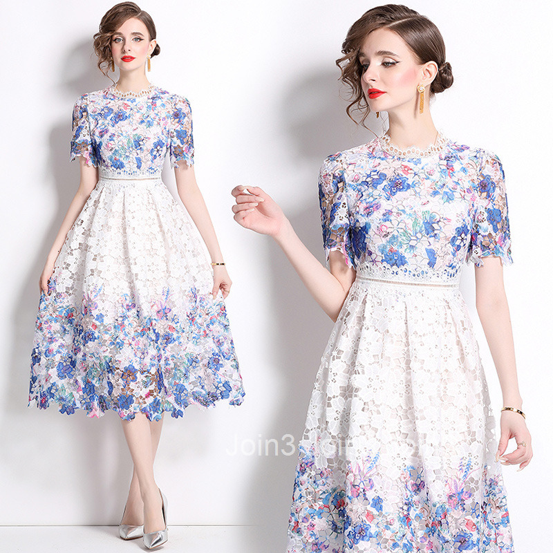 541 Summer New Womens Dress with Fashionable and Skinny Look Hollow out Water soluble Lace Printed Medium to Long Length Dress