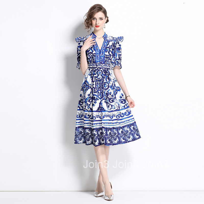 8752 Fashion Elegance Style Stand Collar Single-Breasted Blue and White Porcelain Print Dress