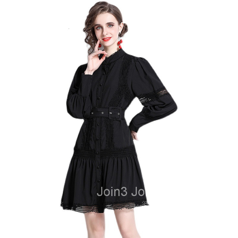 6526 New Elegant Slimming Lace Patchwork Lantern Sleeve Dress