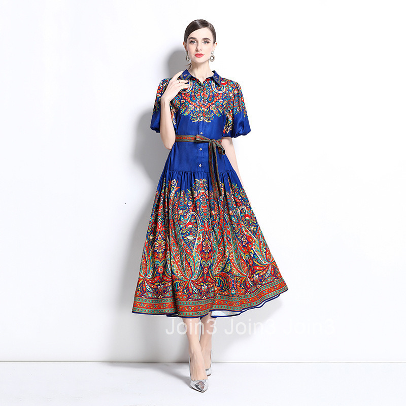 2025 Spring/Summer New Cotton Hemp Collar Lantern Sleeve Printed Dress Long Skirt