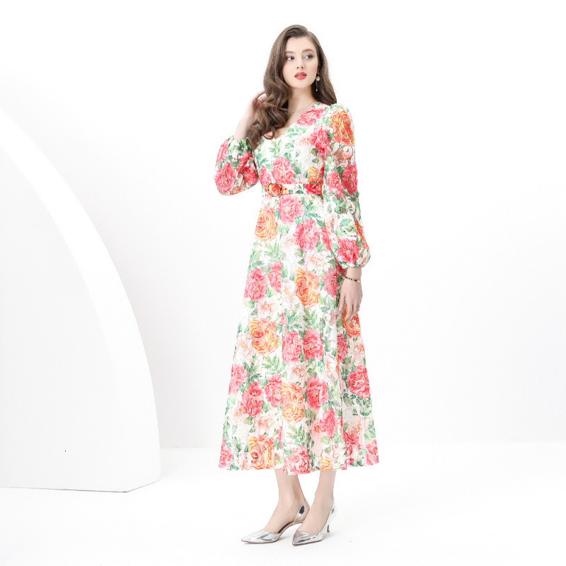 8878 Early Spring New Womens Fashion Elegant V-neck Lantern Sleeve Slim Long Dress Printed Dress