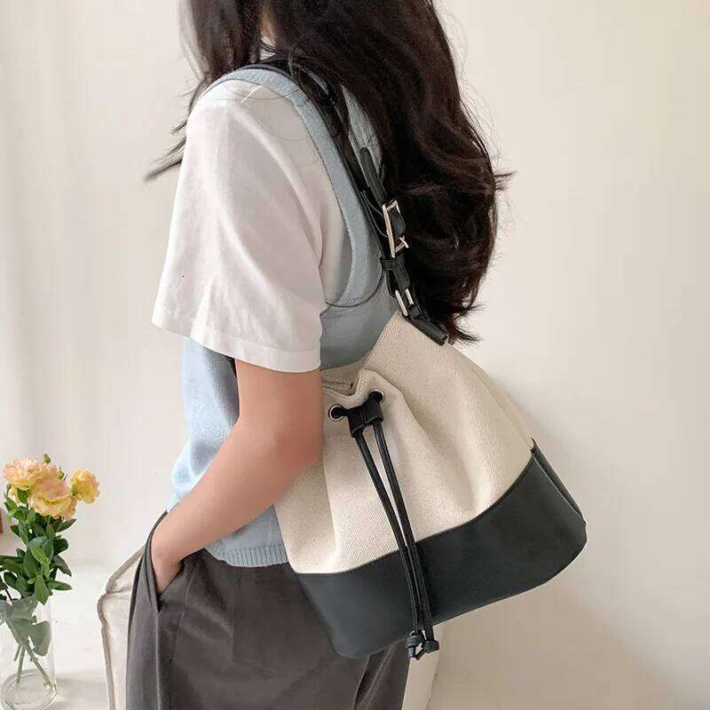 Casual Canvas Bucket Bag For Women Designer Drawstring Handbags Pu Leather Patchwork Shoulder Bags Large Totes