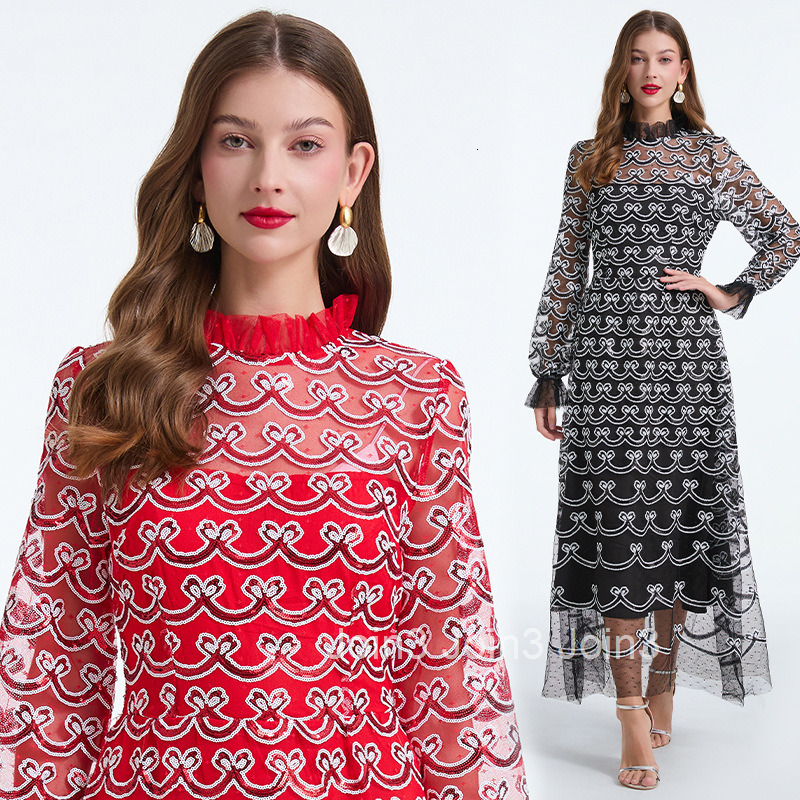 652 Autumn New Womens Clothing Style Embroidered Bead Long Sleeve High Waist Dress Long Skirt