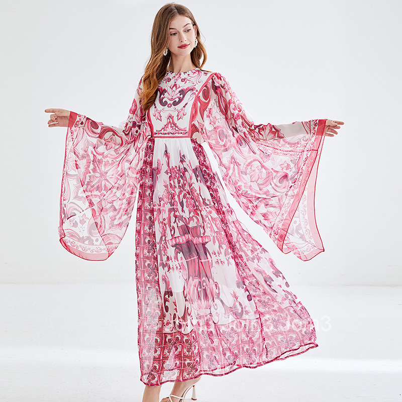 490 Autumn Womens Blue and White Porcelain Print Round Neck Flared Long Sleeve Loose A-line Dress Long Dress