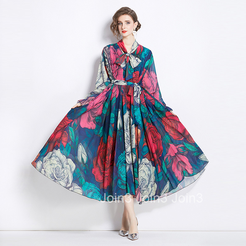 9357 Spring and Autumn New Womens Fashion Elegant Chiffon Printed Long Sleeve Slim Fit Flared Long Dress