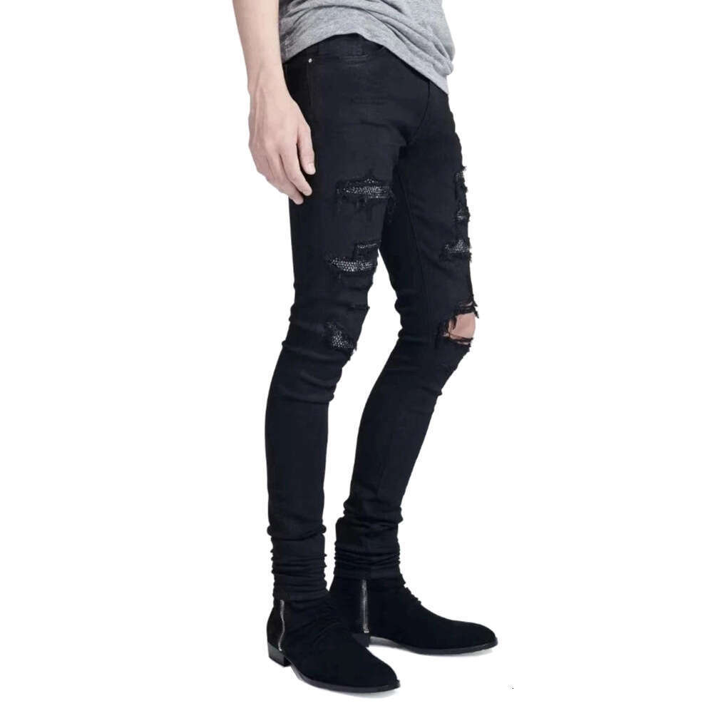 2024 Rhinestone Studded Black Personality Slim Fit Stretch Men's Jeans